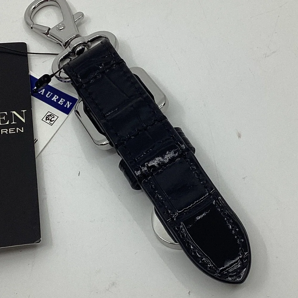 Lauren Ralph Lauren Black Croc Embossed Leather Buckle Padlock Keychain NWT